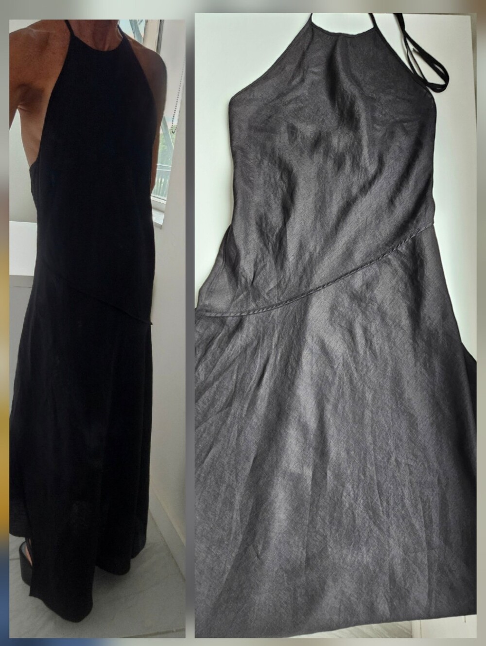 COS Black 100% Linen Halterneck Hankerchief Hem Maxi Dress
